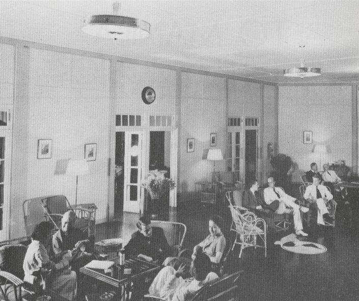 1930s A trans Pacific passage on Pan Am included hotel accomodations at all intermediate stops.  The hotels were constructed by Pan Am & staffed by Pan Am employees.  Seen here is the lobby of the Pan Am hotel on Midway Island in the second half of the 1930s.